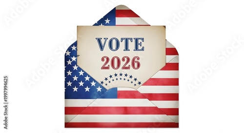 American election ballot envelope with vote 2026 message and patriotic stars and stripes design.