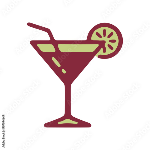 Stylized cocktail icon refreshing beverage with lime garnish on white background