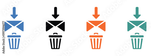 Email deletion icon, envelope dragged into trash symbols, colorful stage variations, message remove concept, interface vector illustration