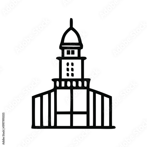 Black and white illustration of a grand architectural building with a clock tower Vector