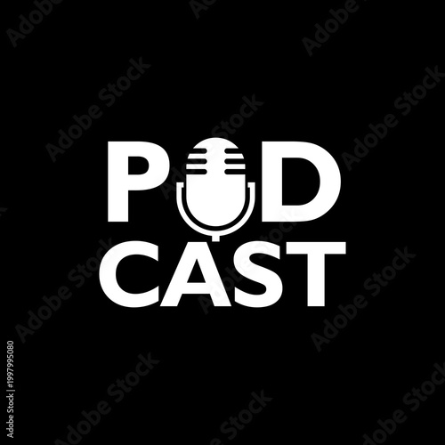 Podcast word Microphone icon isolated on black background