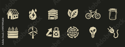 Set of 12 green energy and sustainability icons including solar panels wind turbine and recycling symbols