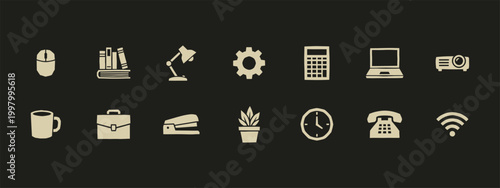 Set of Minimalist Office and Business Equipment Icons Including Laptop Clock and Briefcase