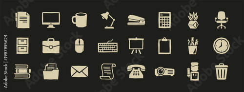 Hand drawn office supplies and business stationery icon set on dark background