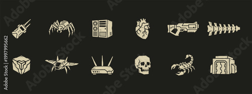 Set of twelve cyberpunk sci-fi game icons featuring technology, military equipment, and biological elements