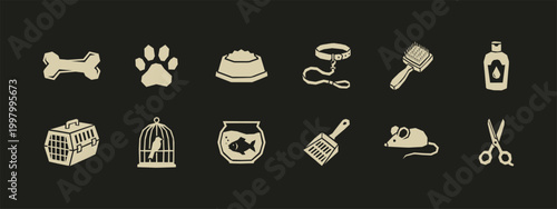 Pet shop icon set with dog bone paw print leash and grooming supplies