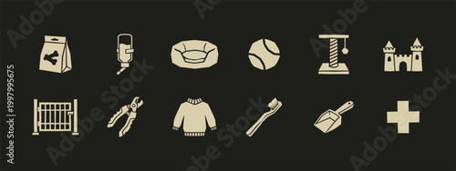 Pet shop icons set featuring dog food bed ball cat scratcher and veterinary equipment