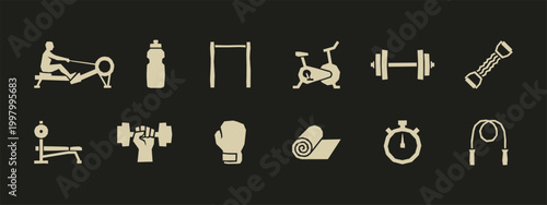 Set of fitness and gym equipment icons including barbell dumbbell rowing machine and yoga mat