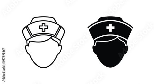 Two monochrome depictions of a nurse s head with cap showcasing positive and negative space