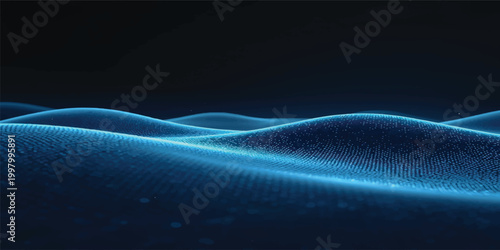 A dark blue abstract wallpaper design featuring glowing digital waves and light rays with motion energy and a laser beam texture on a black backdrop