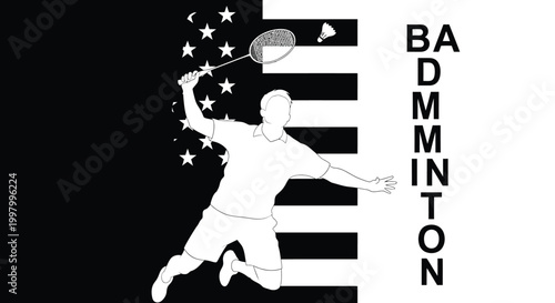 A stylized illustration of a badminton player against an american flag inspired black and white background