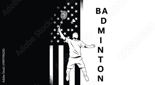 A striking black and white illustration depicting a badminton player silhouetted against an american flag backdrop