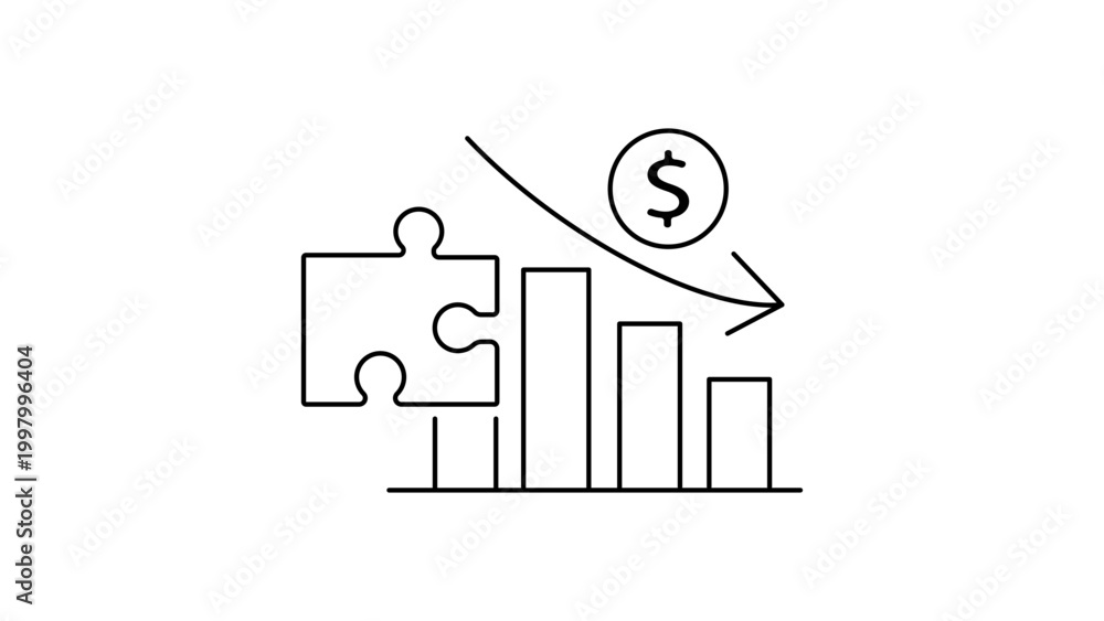 Fototapeta premium Restructuring Debt and Financial Crisis Management Concept, Minimalist Black Line Vector Icon with Editable Stroke on White Background Featuring Puzzle Piece, Bar Graph, and Dollar Sign Symbol.