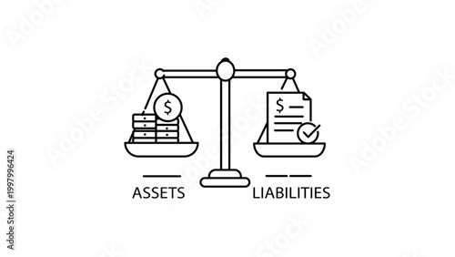 Assets and Liabilities Balanced on a Scale Vector Icon Illustration. Minimalist Financial Solvency Test Concept with Editable Stroke, Outline Design for Business Accounting and Stability.