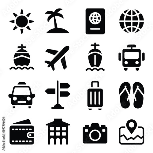 Tourism and vacation flat black icon set with flight hotel transport passport camera map and beach symbols for travel planning.