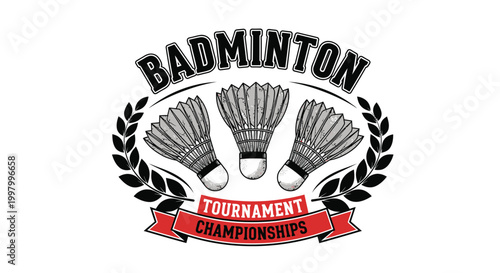 A vintage style badminton tournament emblem featuring shuttlecocks laurel wreaths and championship text high quality