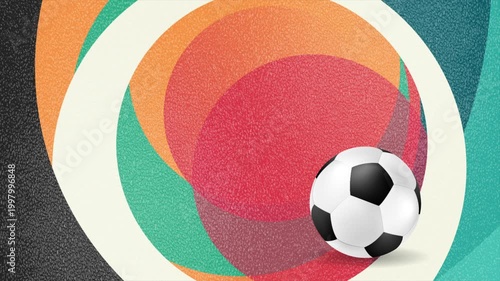 Abstract soccer ball on colorful retro circles background with grainy texture. Sport poster motion design. Video animation Ultra HD 4K 3840x2160