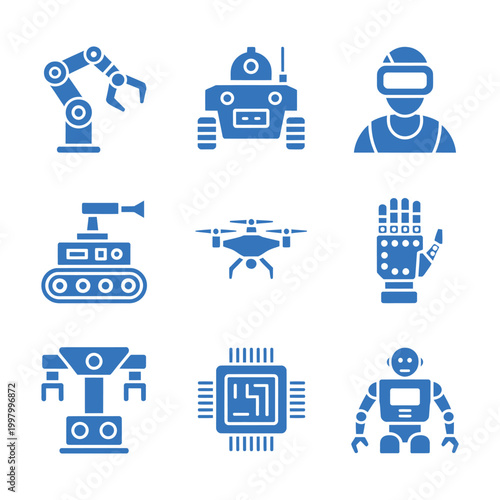 Robotics flat vector icons set. mechanical arm, robot, cyborg, automated tank, drone, robotic hand, bipedal robot, chip.