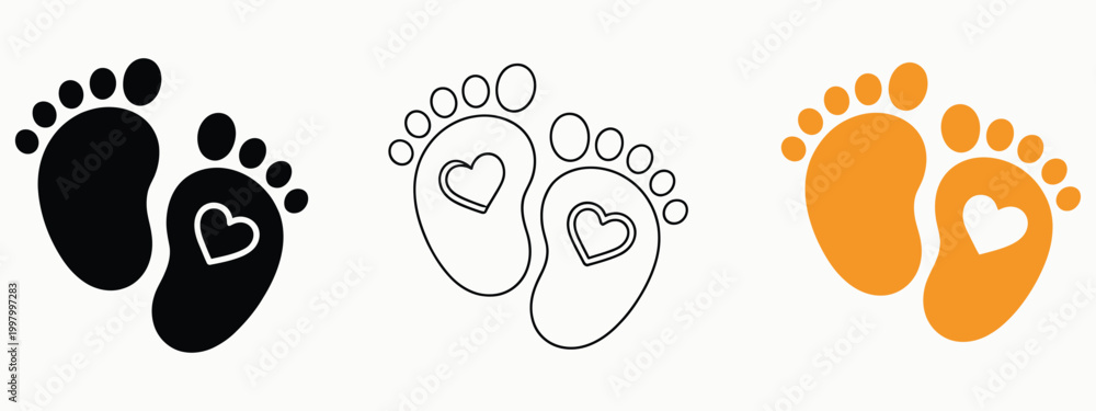 Fototapeta premium Baby footprint icon, heart shaped love symbols, colorful maternity newborn graphics, parenting concept, celebration design, vector illustration