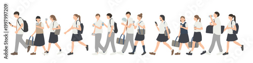 夏の通学シーン 学生の歩く人イラストセット 半袖制服と暑さ対策