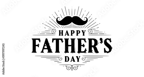 Happy father's day greeting with mustache and rays, fathers day