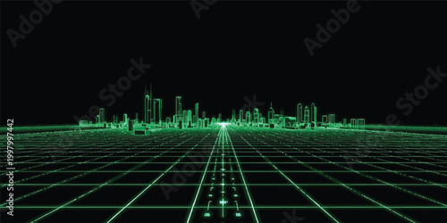 Abstract green digital equalizer wave pattern on a blue technology background with a medical heartbeat line graph and internet data network illustration for a business finance wallpaper design