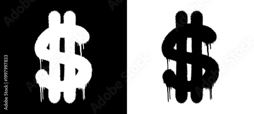 Bold black dollar sign featuring long, dramatic spray paint drips. This urban street art piece captures a raw and gritty aesthetic with an authentic hand style graffiti tag feel.