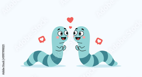 Two cute blue worms with rosy cheeks look at each other affectionately with floating hearts between them against a light blue background.