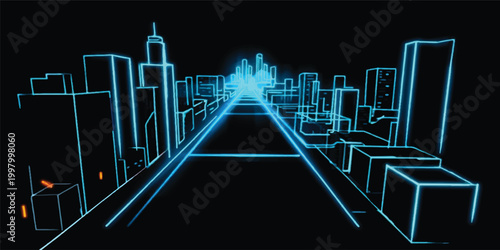 Abstract music notes on a black background blend with a blue urban city skyline and financial growth charts to create a modern vector illustration of success