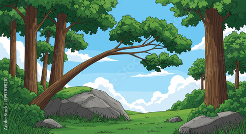 Beautiful landscape of a peaceful forest clearing with lush green grass, large grey rocks, and tall trees under a clear blue sky with clouds.