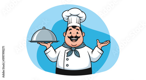 Jolly chef with a mustache and traditional white uniform holds a silver serving cloche and gestures with a smile on a blue background.