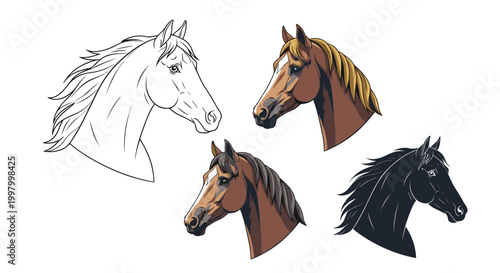 Set of four stylized horse head illustrations in white, brown, dark brown, and black colors showing various mane styles and expressions.