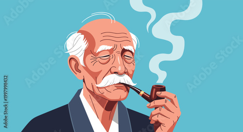 Wise elderly man with white hair and a large mustache enjoys smoking a wooden pipe with smoke swirling against a blue background.