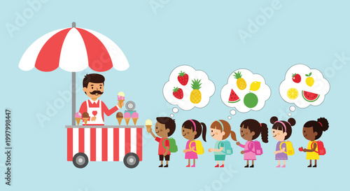 Friendly ice cream vendor serves a group of diverse children waiting in line at his colorful stall under a large red and white umbrella.