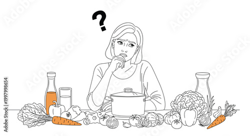 Pensive woman standing in a kitchen surrounded by fresh vegetables wonders what healthy meal to cook for her loving family.