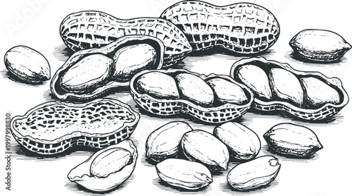 Black and white of peanuts in shells and shelled