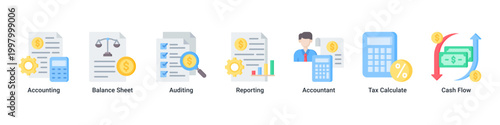 Accounting System banner with accounting,balance sheet,auditing,reporting,tax calculation and cash flow icons for corporate finance concept