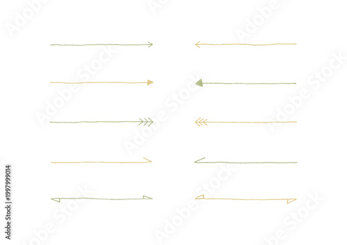 シンプルな手描きの長い矢印のセット（黄色・緑）