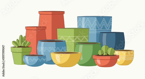 Schilderij op canvas Colorful illustration of 10 plant pots with cacti