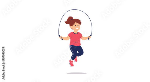 Active little girl jumps rope with a big smile while playing outside in a clean white background and minimalist setting.