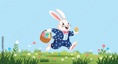 Joyful easter bunny running through a flowery meadow while carrying a basket of decorated eggs on a beautiful spring day.