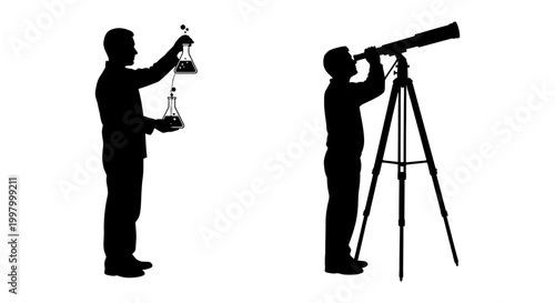 Scientist and astronomer silhouette icon set, white background, vector Illustration