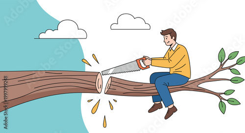 Foolish man sits on a tree branch while sawing it off between himself and the trunk in a comical and ironic illustration.