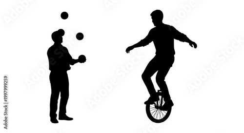 Juggler and unicyclist icon set silhouette, white background, vector Illustration