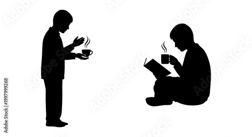 People drinking coffee and reading silhouette icon set, white background, vector Illustration