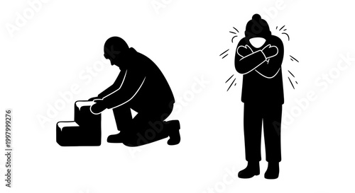 Man crouching and shivering icon set, solid silhouette, white background, vector Illustration