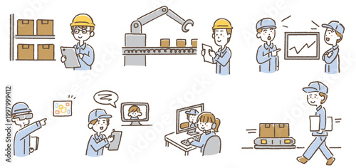 物流DX・スマート物流のイラストセット（自動化・在庫管理・デジタル化・倉庫システム）/Logistics DX Workers Set – Smart Warehouse, Automation, Digital Inventory Management