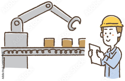 ロボットと協働する倉庫作業員のイラスト。/ Warehouse Robot Working with Human Staff.