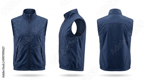 Three views of a navy blue sleeveless jacket or vest, presented on a white background.