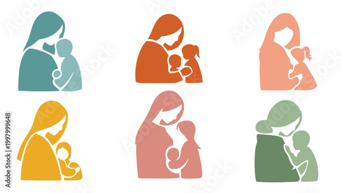 Minimalist colorful mother and child icons showing nurturing moments in flat abstract style.